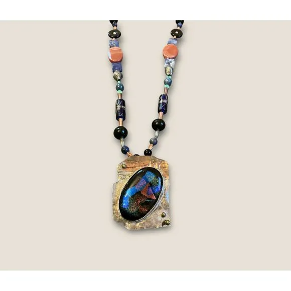 Handmade  Sterling Mixed Media Beaded Necklace With Dichroic Glass & Stone Penda - Picture 4 of 9
